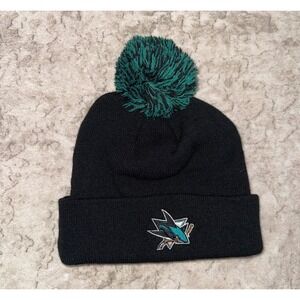 San‎ Jose Sharks Beanie Cap Black Teal Pom Pom NHL Hockey Knit